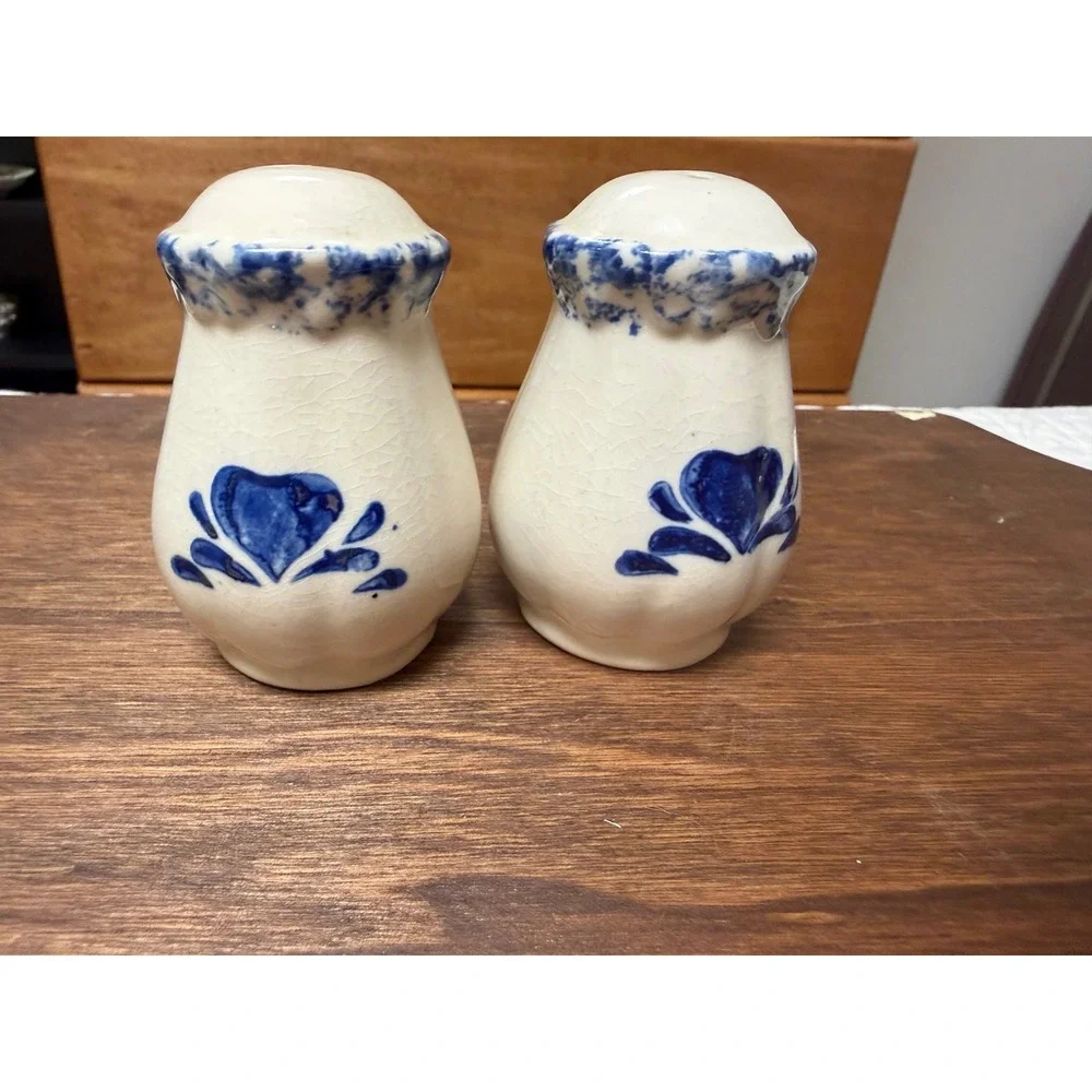 Vintage Blue Heart Ceramic Salt and Pepper Shakers Farmhouse Cream Crackle Glaze